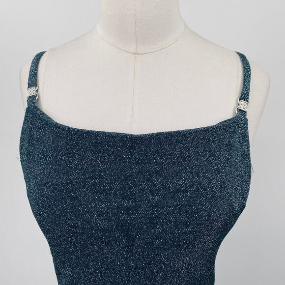 Vintage 90s All That Jazz Sparkle Maxi Dress Gown Slinky Low Back Metallic Teal - Picture 3 of 10